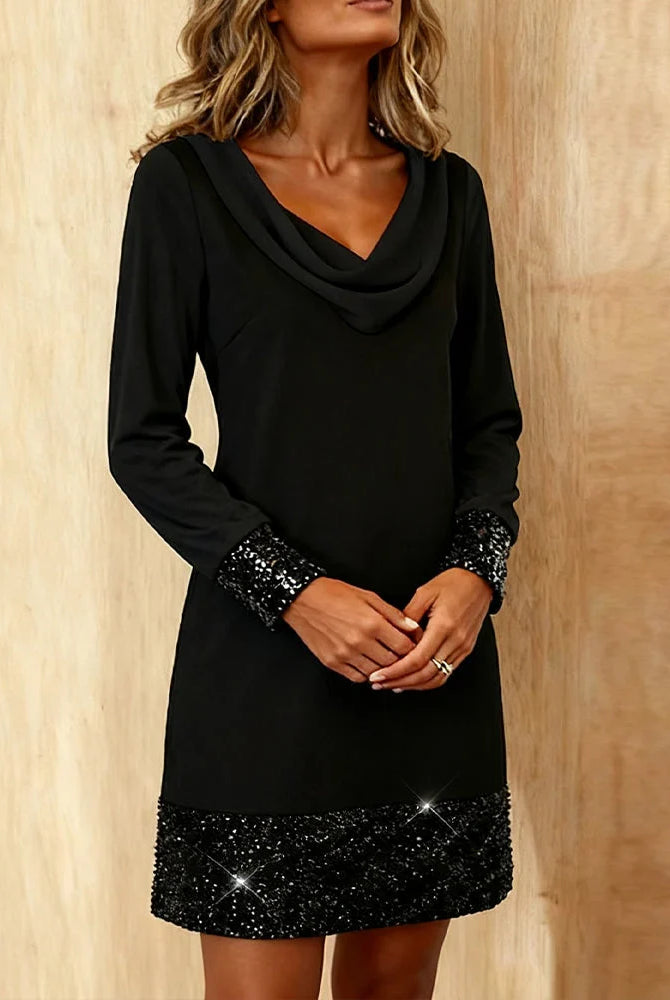Women's Sequin Mini Dress with Cowl Neck and Long Sleeves 2