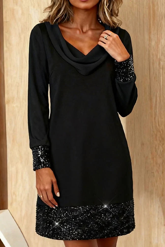 Women's Sequin Mini Dress with Cowl Neck and Long Sleeves 3