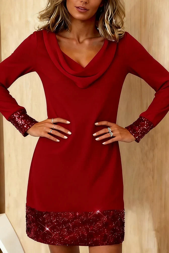 Women's Sequin Mini Dress with Cowl Neck and Long Sleeves 5