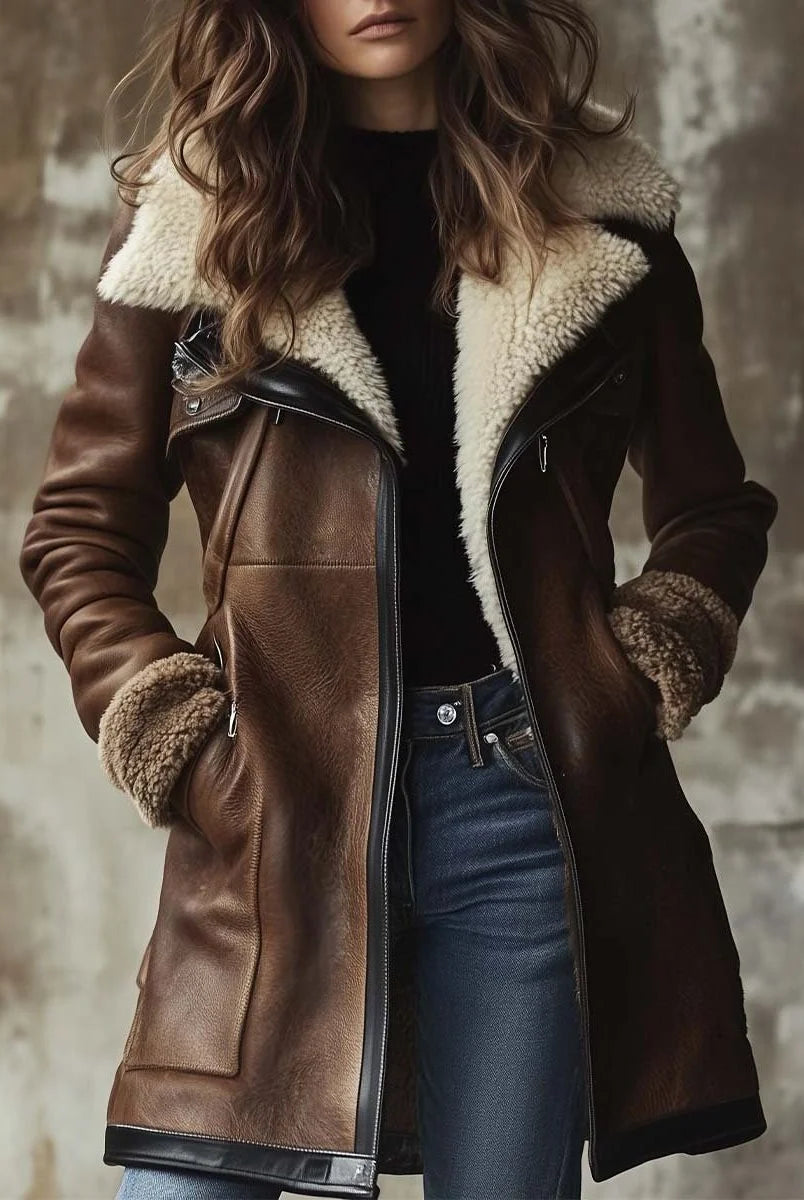 Women's Sherpa-Lined Leather Jacket with Faux Fur Collar 0