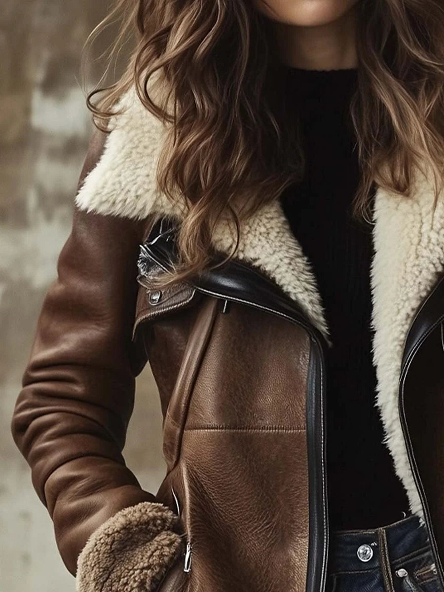 Women's Sherpa-Lined Leather Jacket with Faux Fur Collar 3