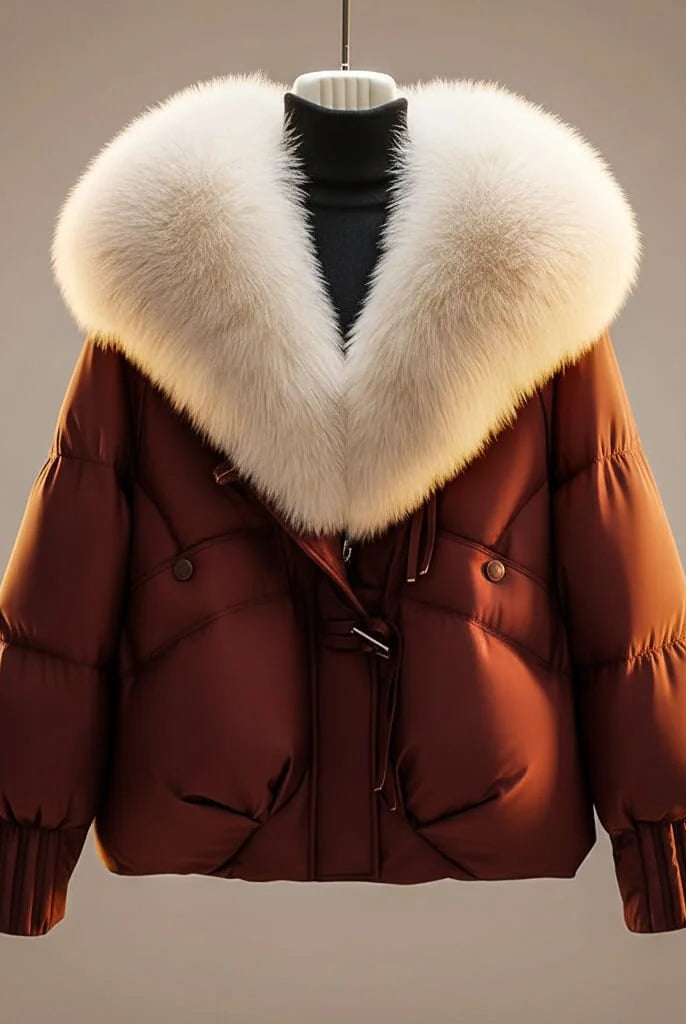 Women's Short Coat with Oversized Faux Fur Collar and Puffed Body 0