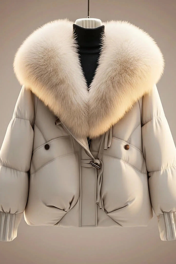 Women's Short Coat with Oversized Faux Fur Collar and Puffed Body 1