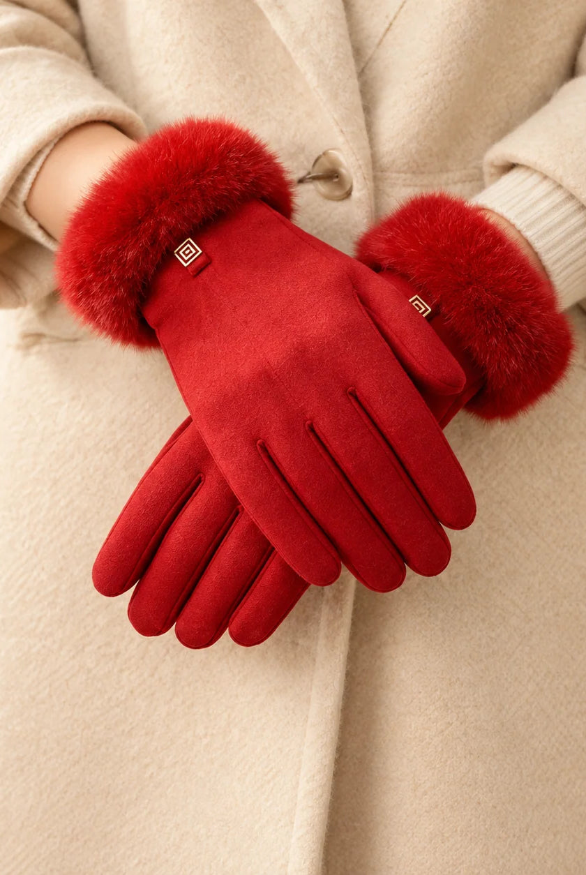 Women's Suede-Look Faux-Fur Cuff Winter Gloves 1