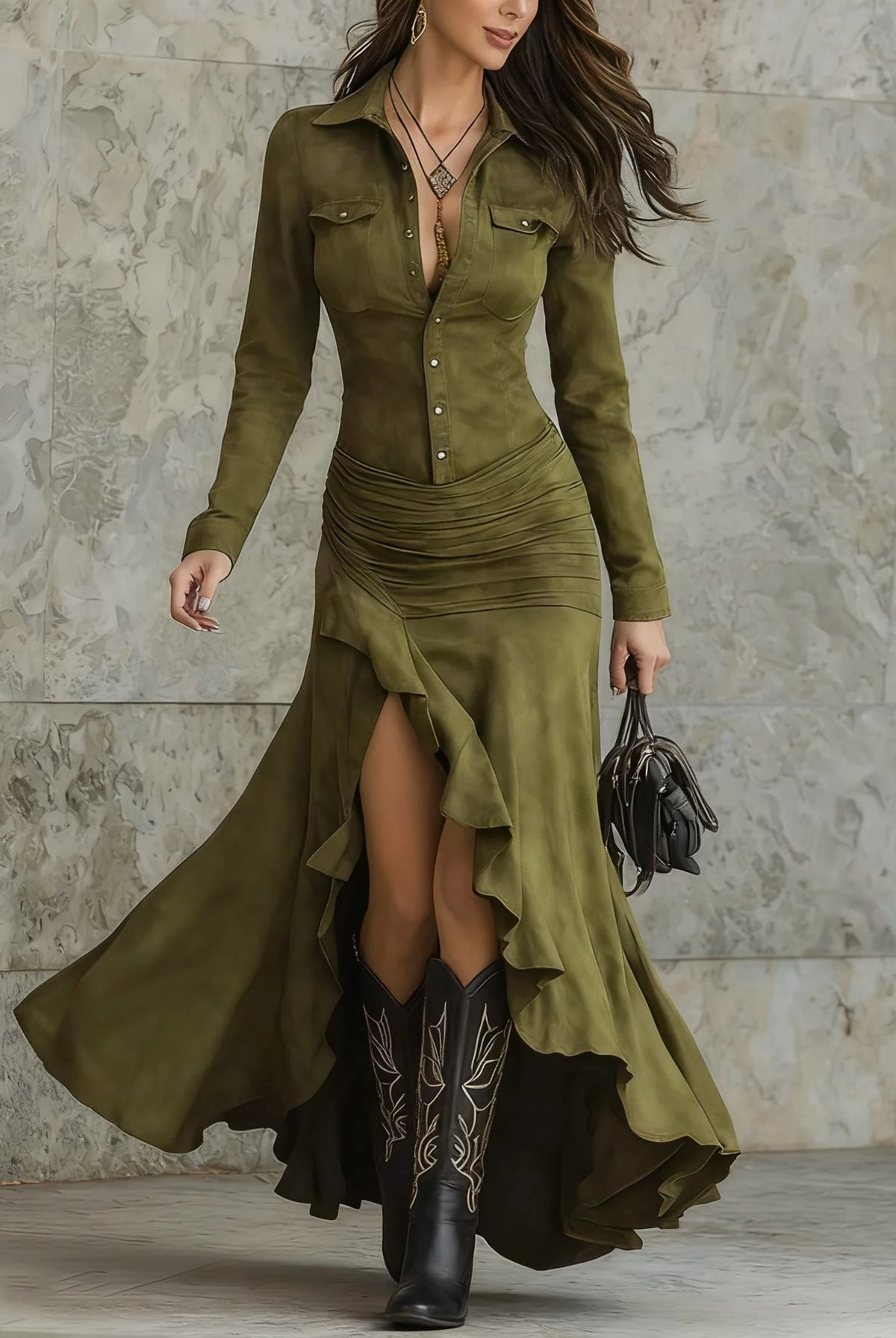Women's Suede Button-Down Maxi Dress with High Slit 1