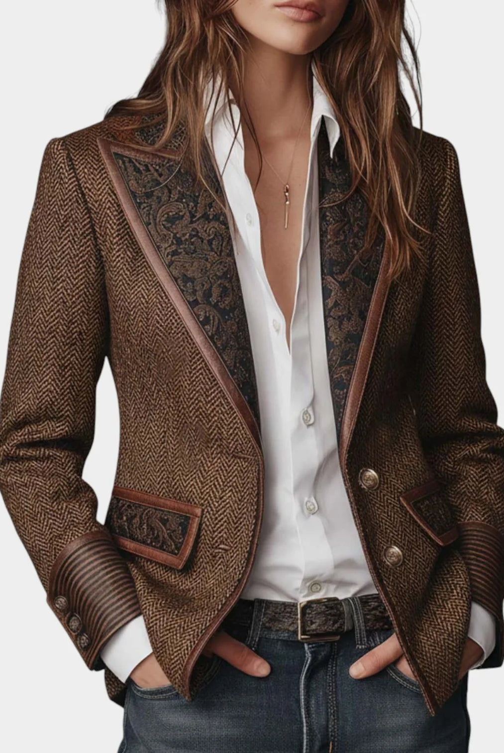 Women's Tailored Herringbone Blazer with Button Front and Patterned Lapels 0