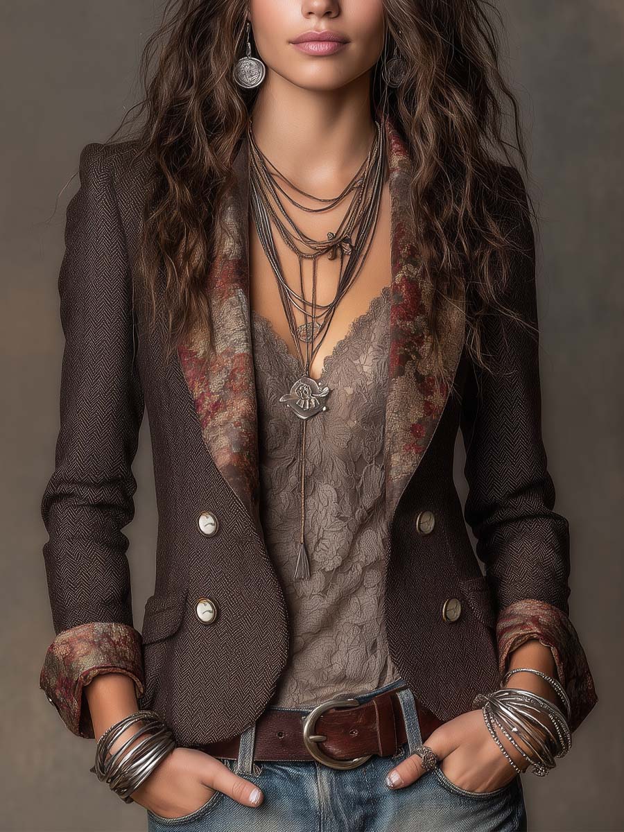 Women's Tailored Herringbone Blazer with Floral Lapel Print 0