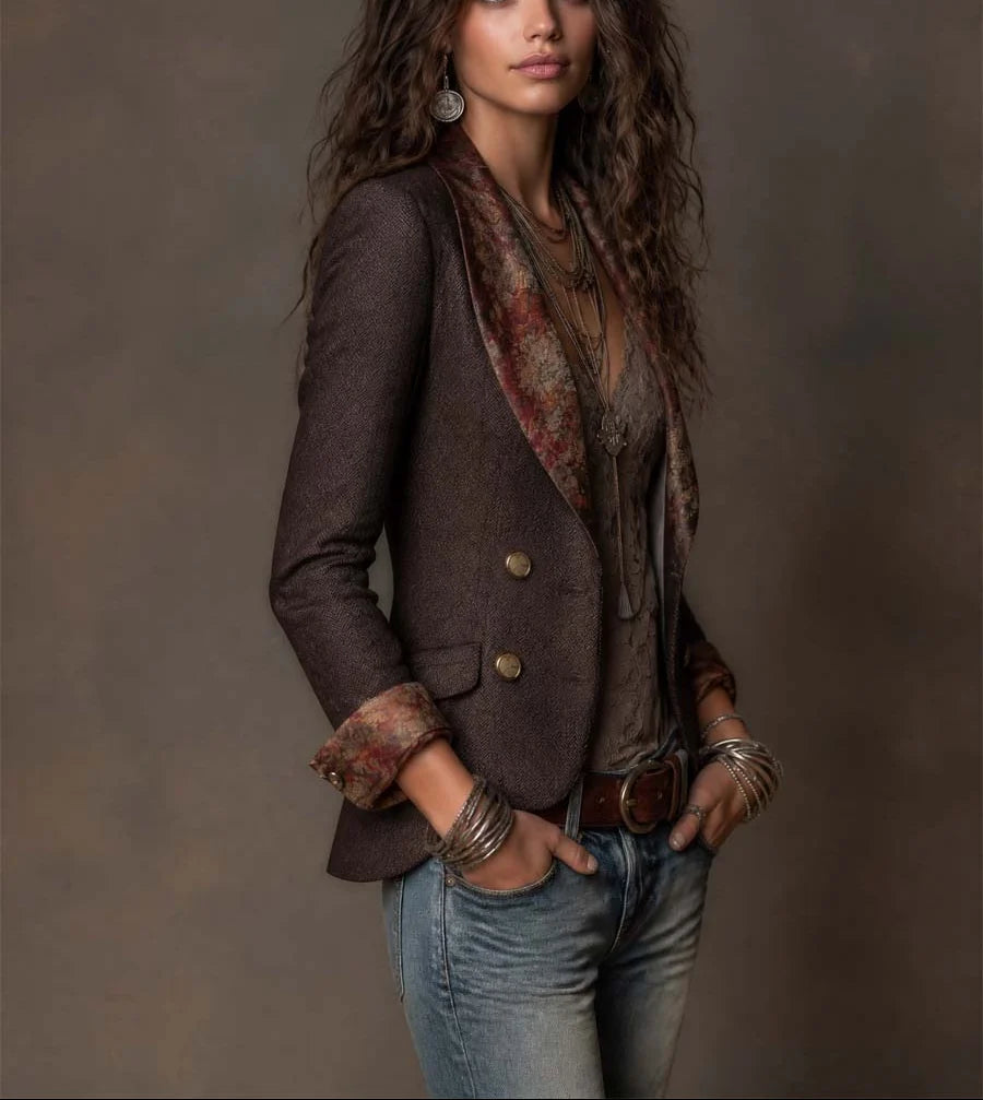 Women's Tailored Herringbone Blazer with Floral Lapel Print 1