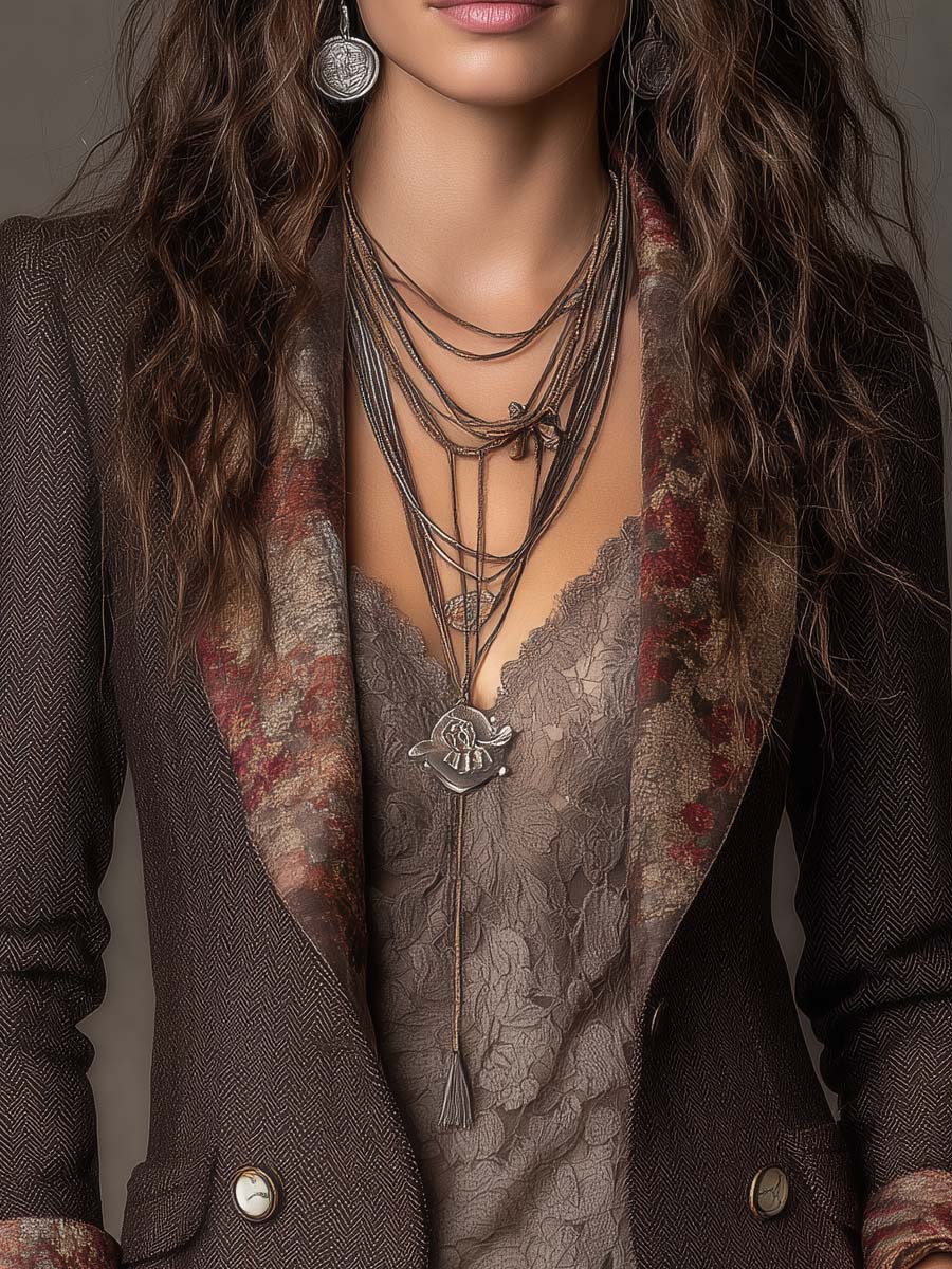 Women's Tailored Herringbone Blazer with Floral Lapel Print 5