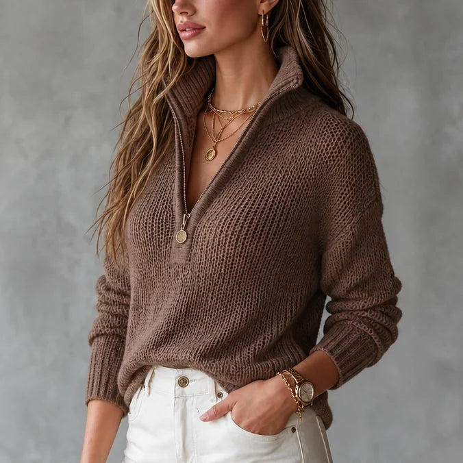 Women's Textured Knit Half-Zip Sweater with Structured Collar 0