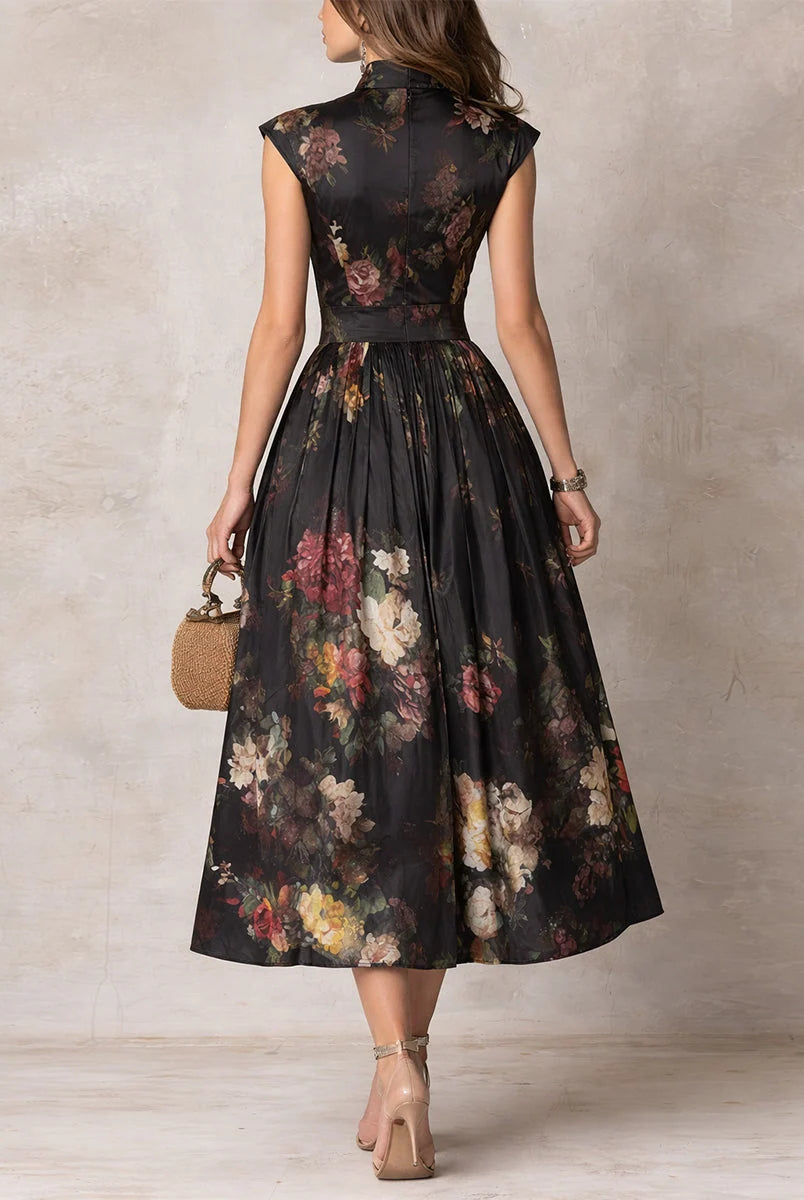 Women's Two-Piece Floral Satin Pleated Midi Dress Set 1