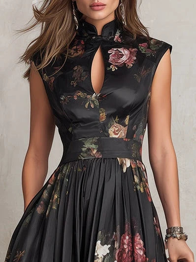 Women's Two-Piece Floral Satin Pleated Midi Dress Set 3