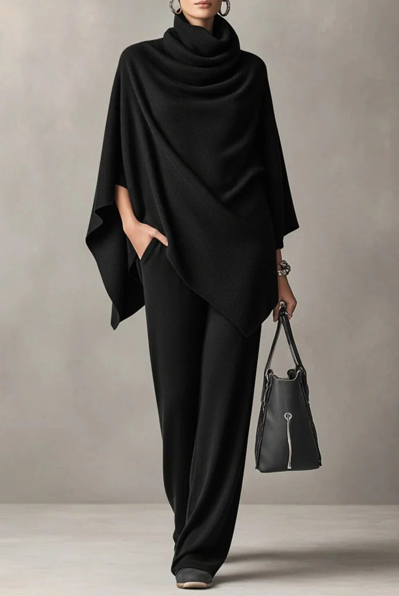 Women's Two Piece Pants Set with Draped Cowl Neck Top and Wide-Leg Trousers 0