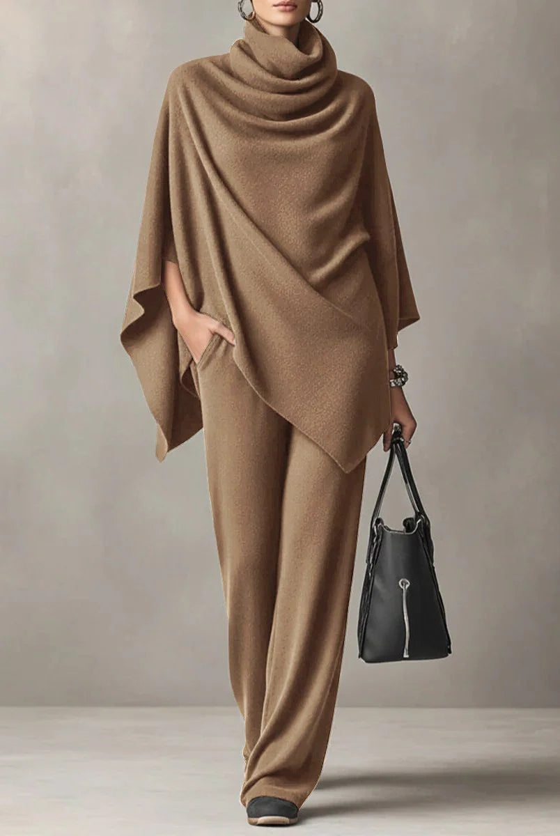 Women's Two Piece Pants Set with Draped Cowl Neck Top and Wide-Leg Trousers 1