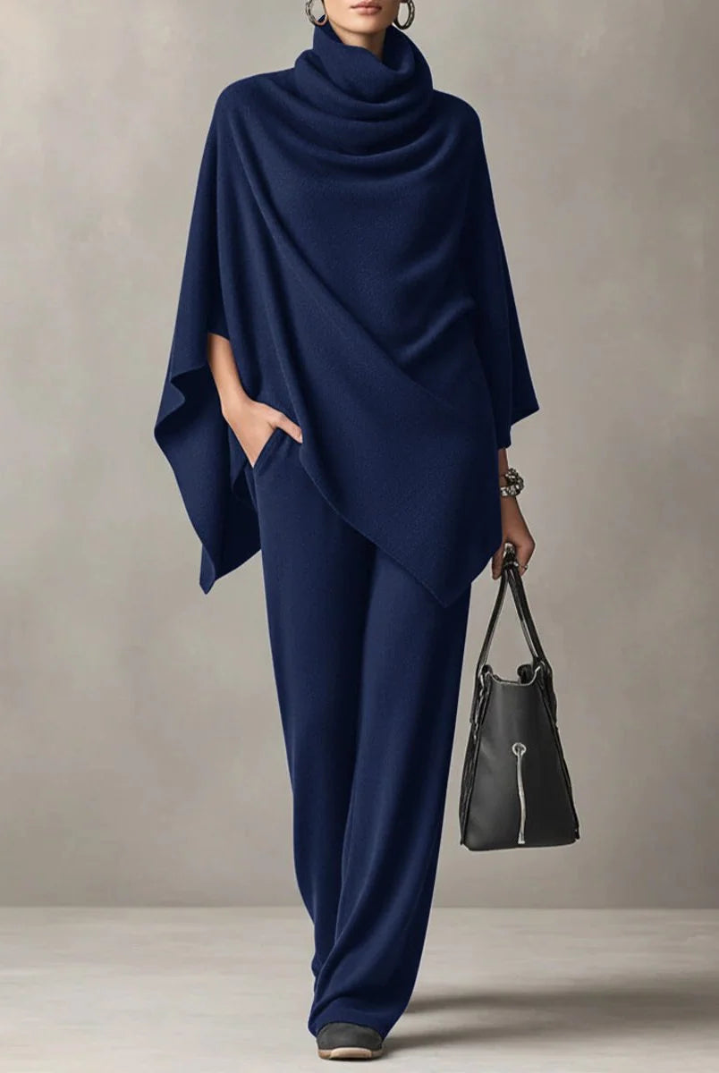 Women's Two Piece Pants Set with Draped Cowl Neck Top and Wide-Leg Trousers 2