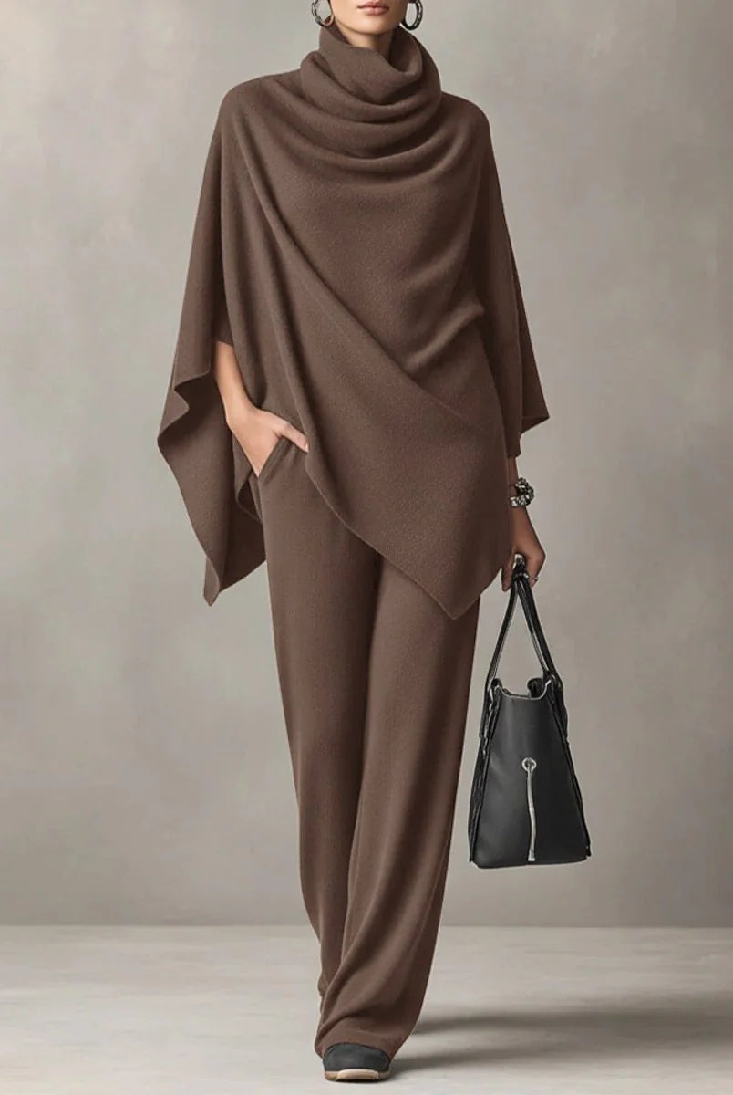 Women's Two Piece Pants Set with Draped Cowl Neck Top and Wide-Leg Trousers 3