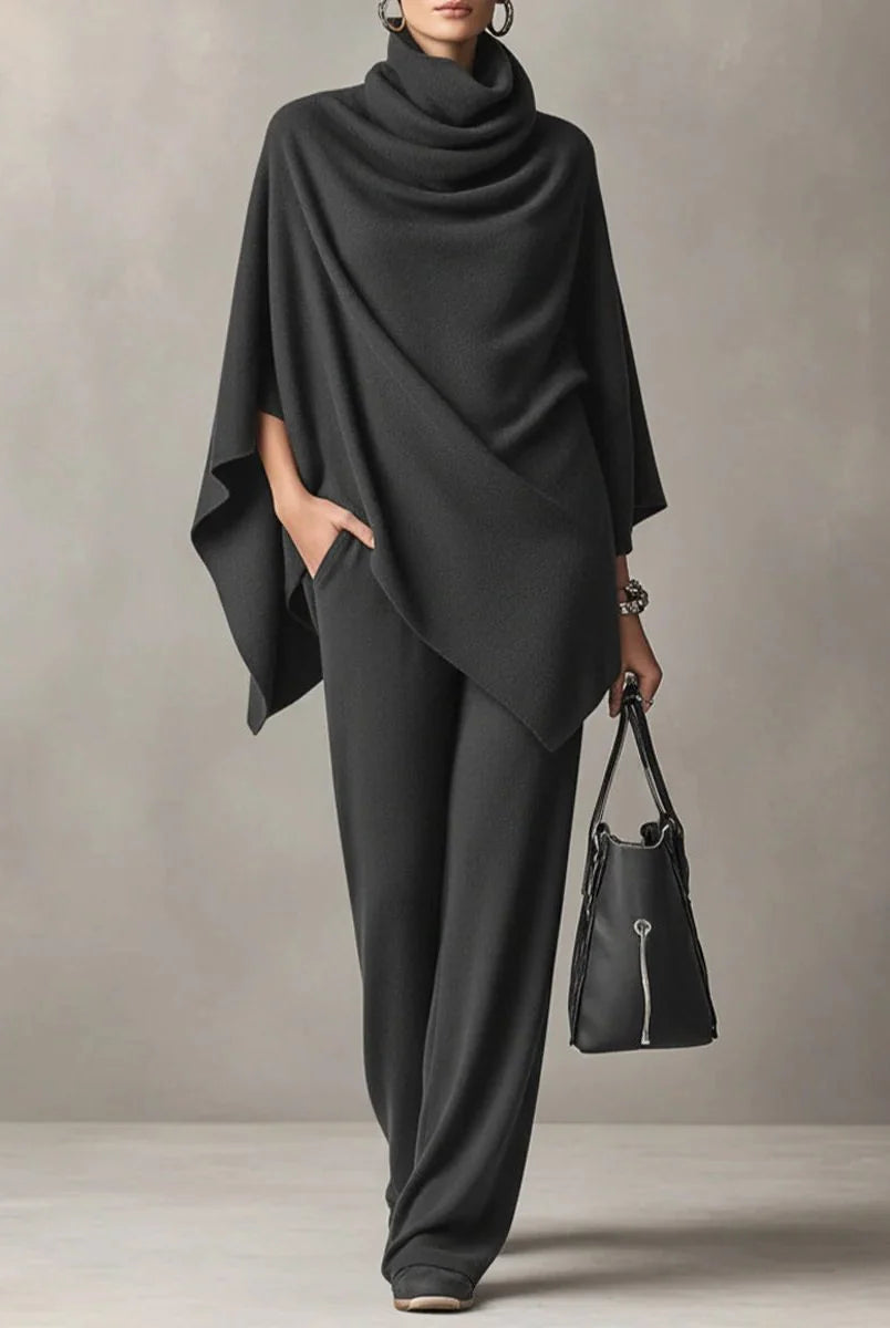Women's Two Piece Pants Set with Draped Cowl Neck Top and Wide-Leg Trousers 4
