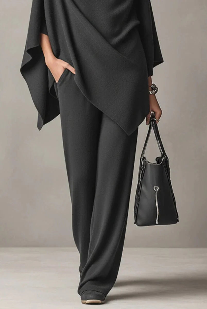 Women's Two Piece Pants Set with Draped Cowl Neck Top and Wide-Leg Trousers 6