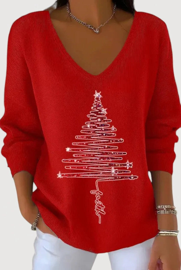 Women's V-Neck Long-Sleeve Holiday Top with Festive Motif 0