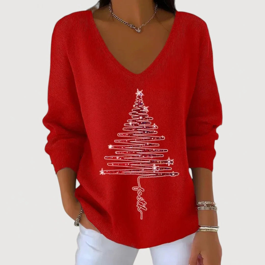 Women's V-Neck Long-Sleeve Holiday Top with Festive Motif 0