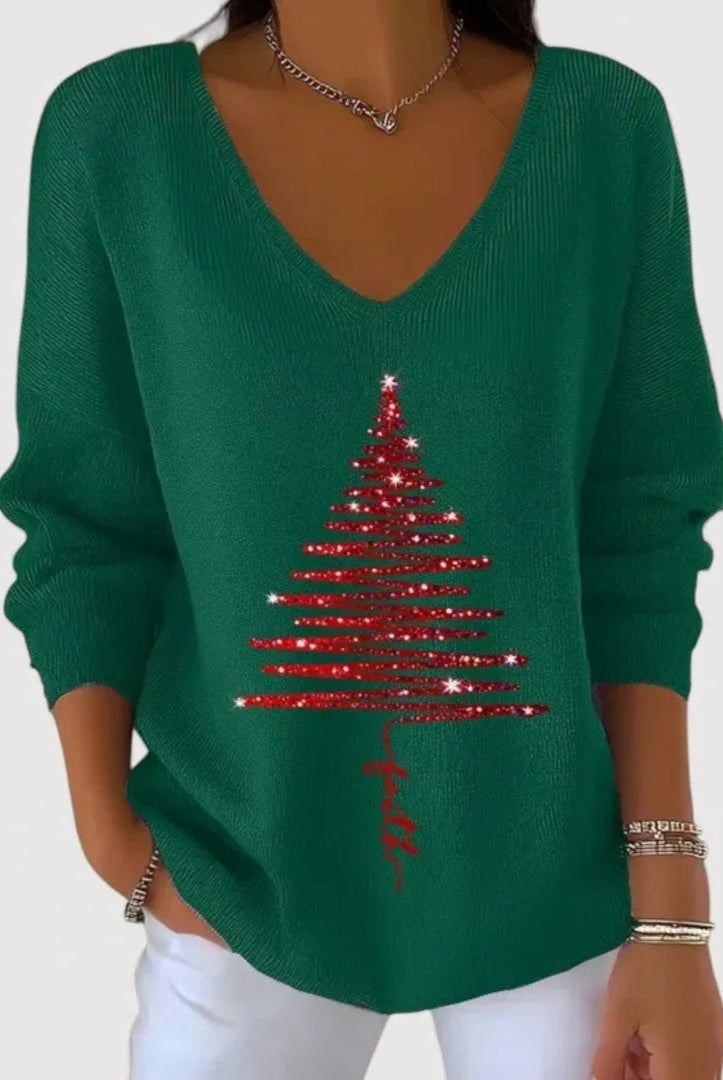 Women's V-Neck Long-Sleeve Holiday Top with Festive Motif 1