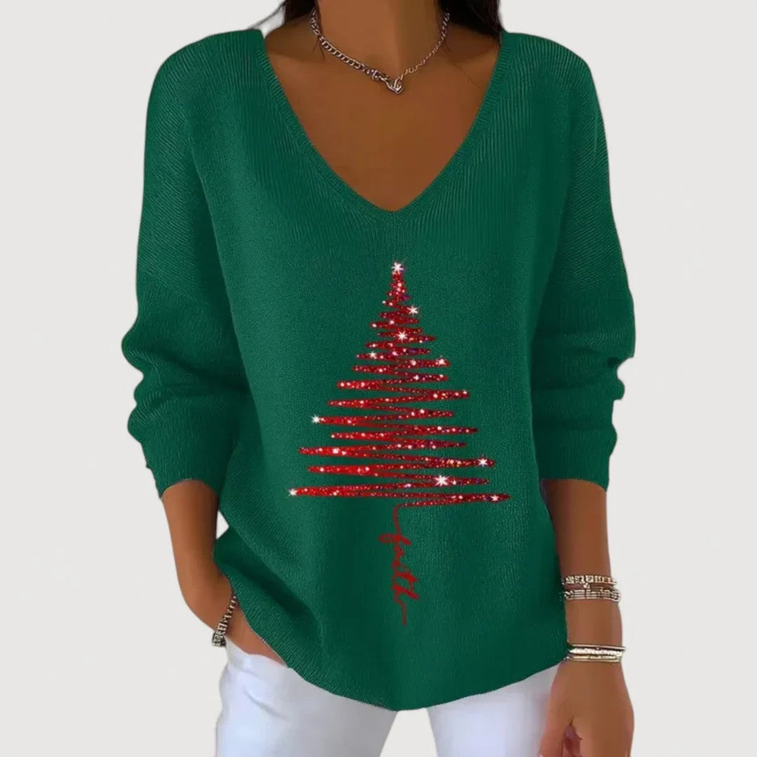 Women's V-Neck Long-Sleeve Holiday Top with Festive Motif 1
