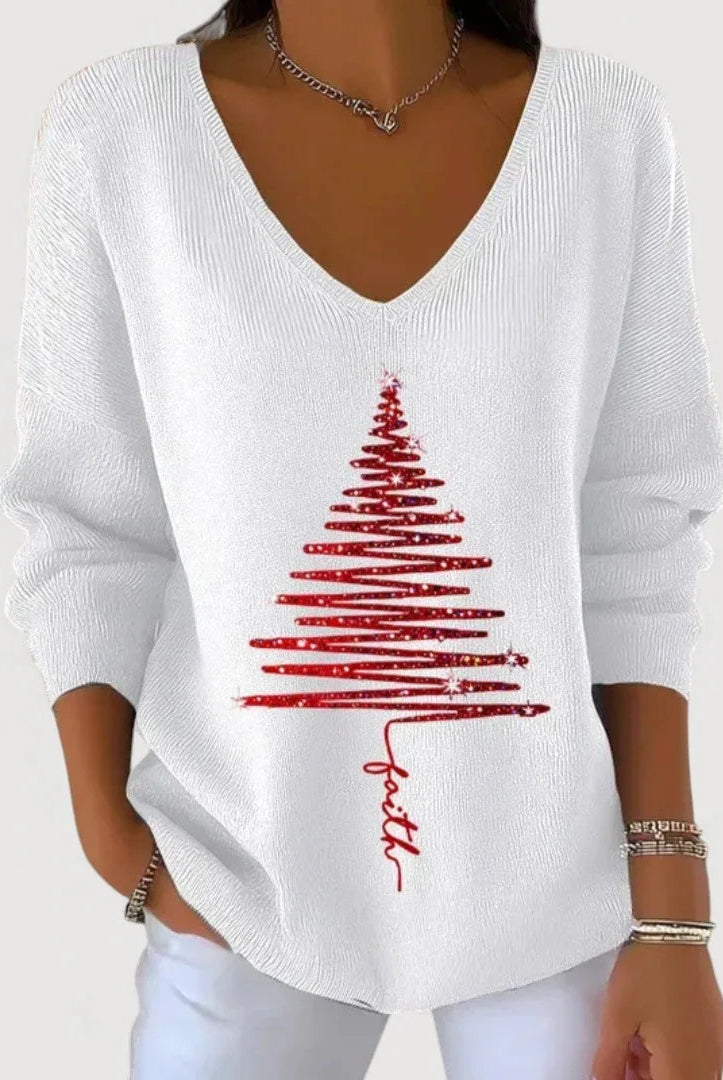 Women's V-Neck Long-Sleeve Holiday Top with Festive Motif 2