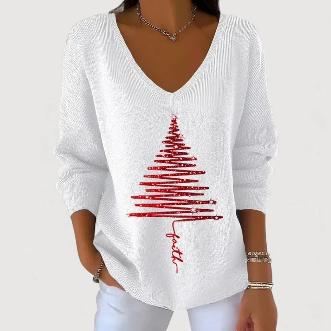 Women's V-Neck Long-Sleeve Holiday Top with Festive Motif 2