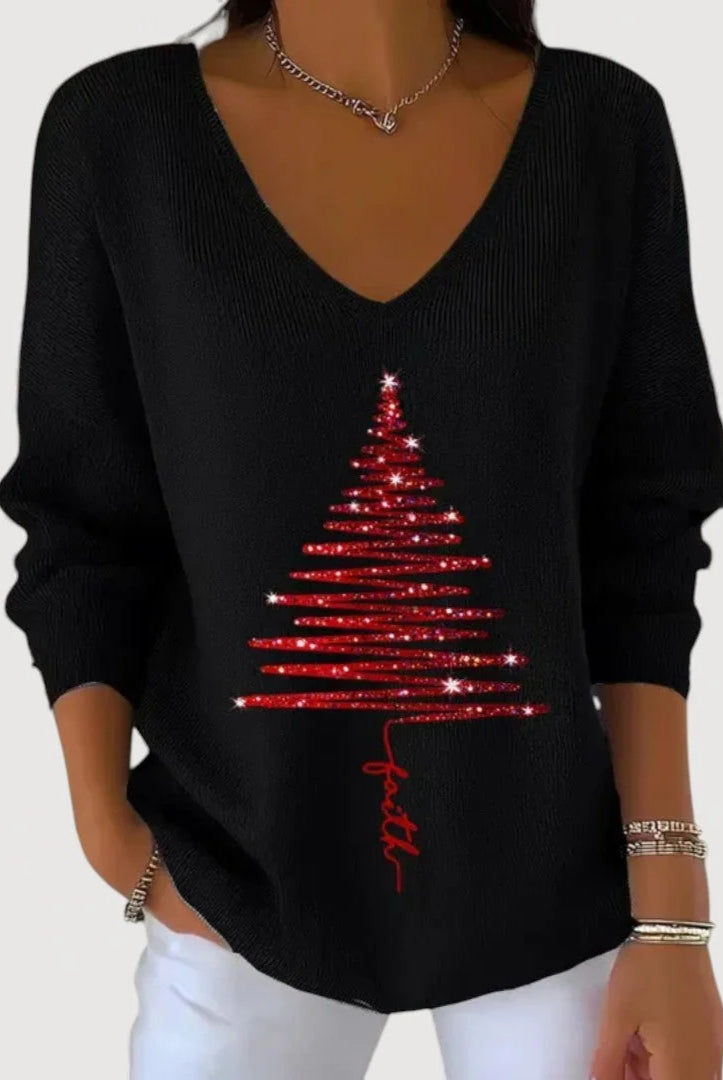 Women's V-Neck Long-Sleeve Holiday Top with Festive Motif 3