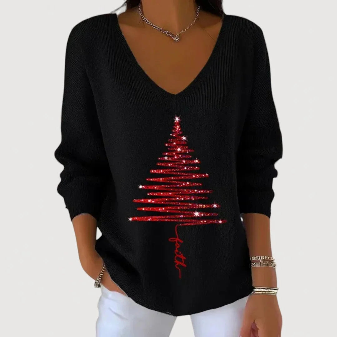 Women's V-Neck Long-Sleeve Holiday Top with Festive Motif 3