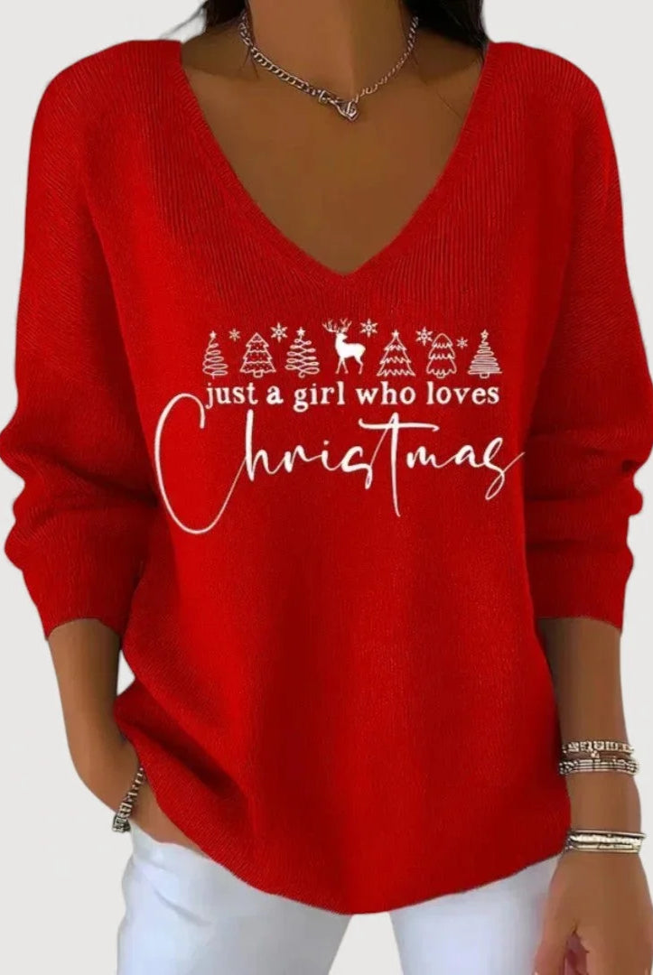 Women's V-Neck Long-Sleeve Holiday Top with Festive Motif 4