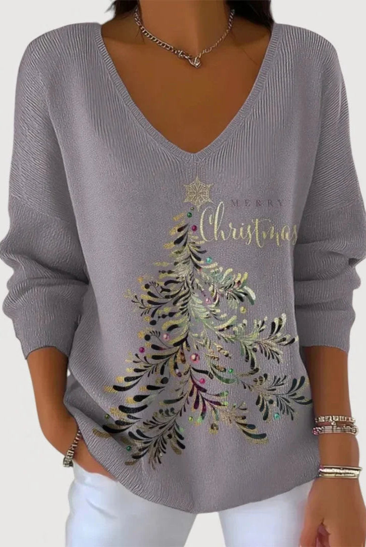 Women's V-Neck Long-Sleeve Holiday Top with Festive Motif 5