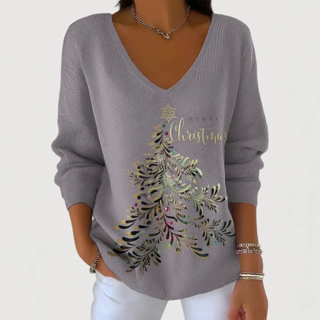 Women's V-Neck Long-Sleeve Holiday Top with Festive Motif 5