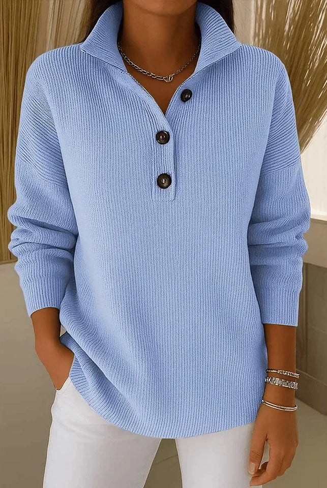 Women's V-Neck Polo Sweater with Ribbed Texture and Three-Button Placket 0
