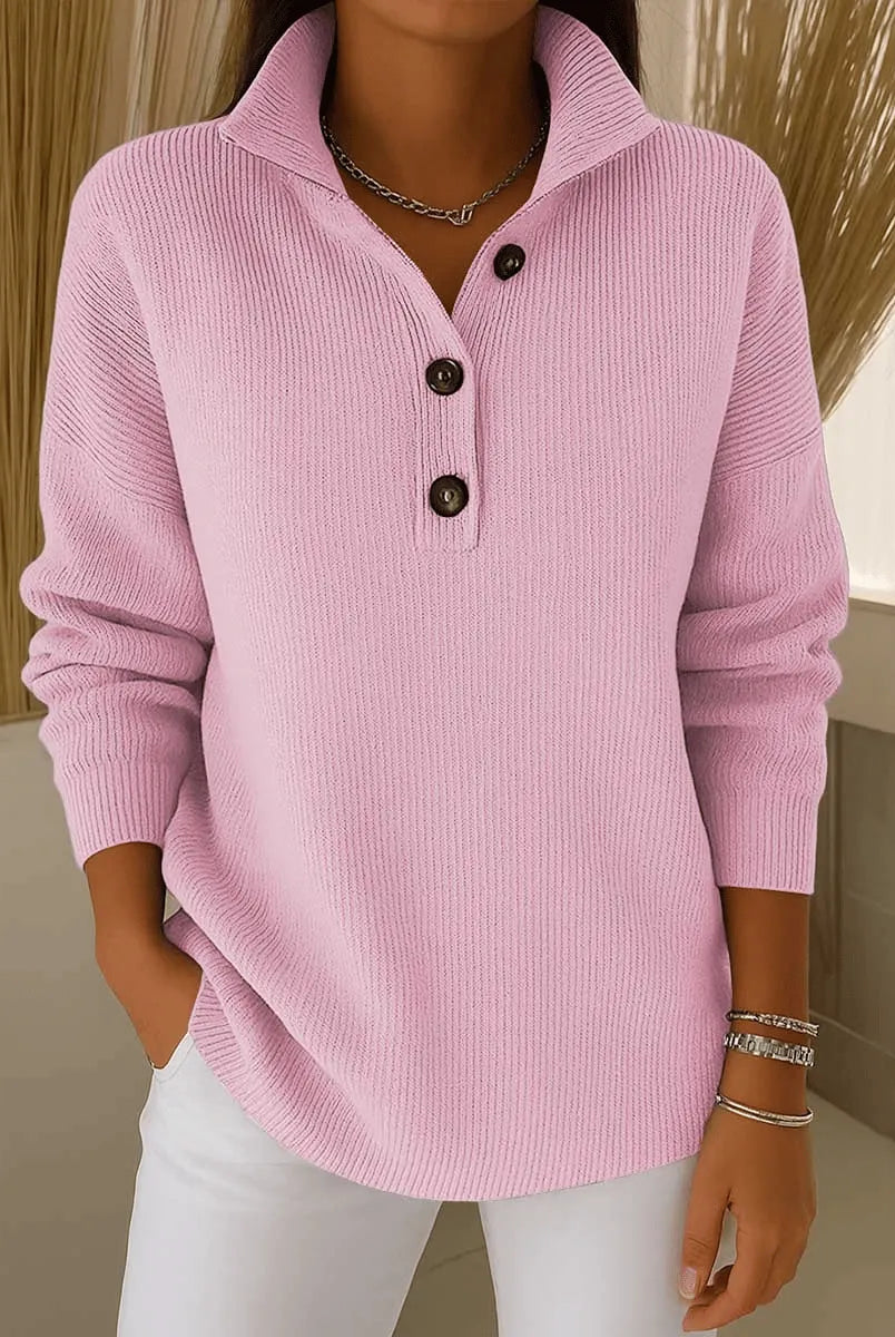 Women's V-Neck Polo Sweater with Ribbed Texture and Three-Button Placket 1