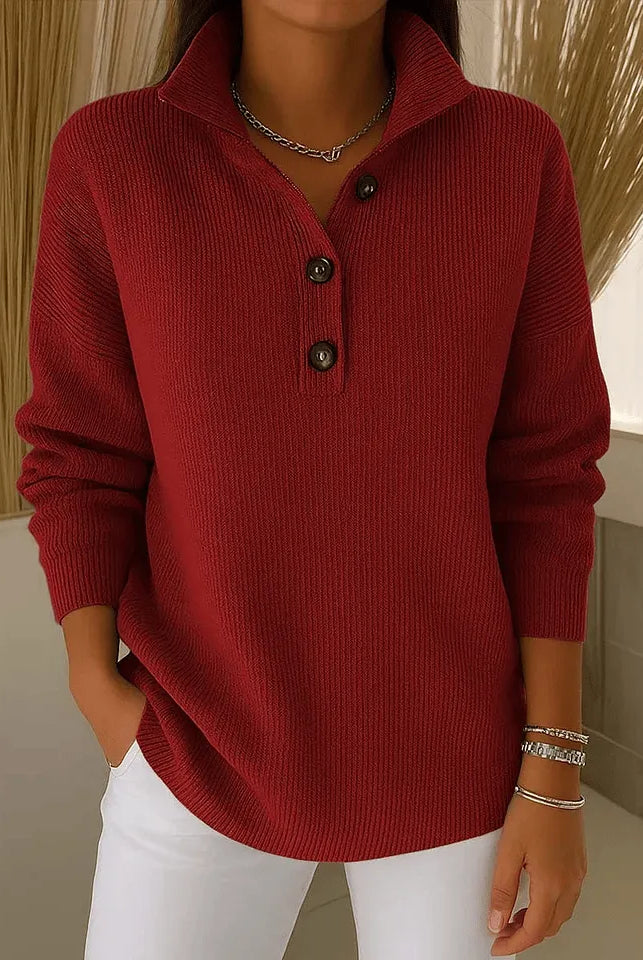 Women's V-Neck Polo Sweater with Ribbed Texture and Three-Button Placket 2