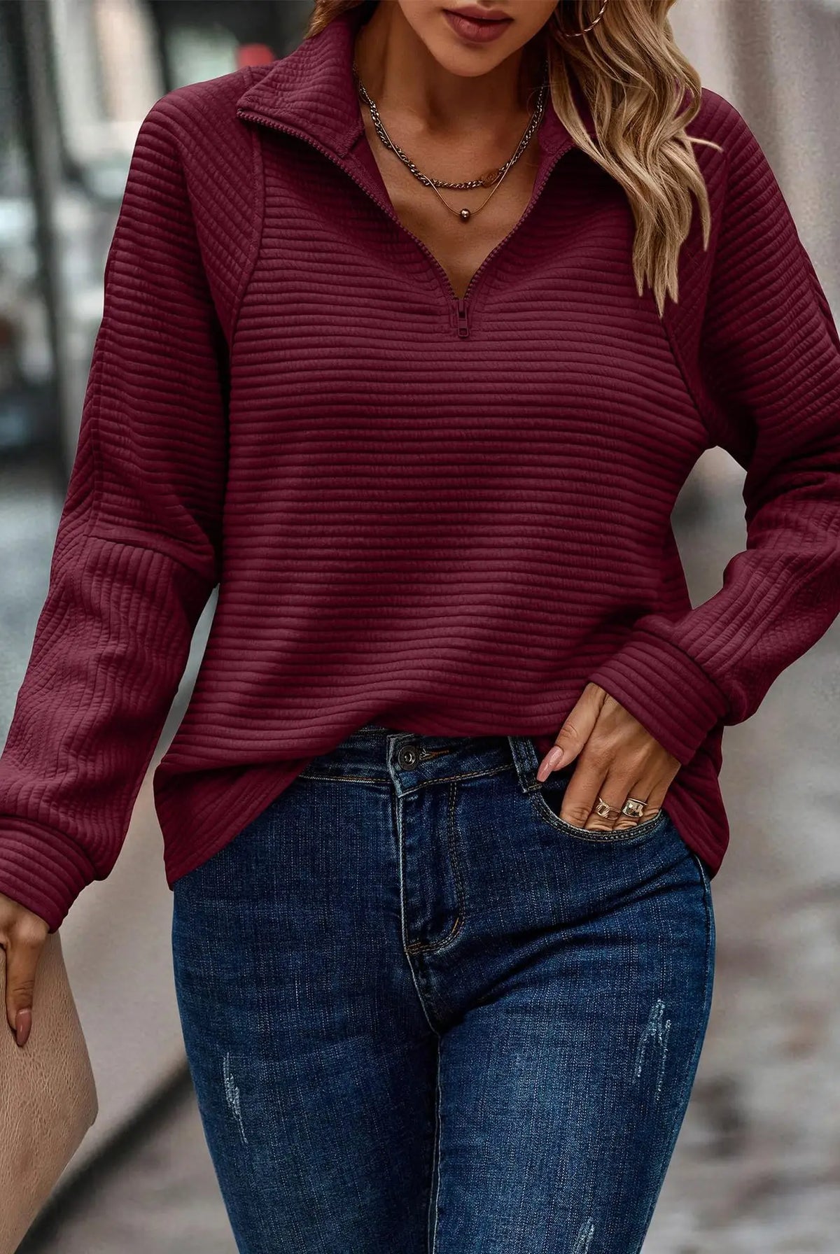 Women's V-Neck Zip Detail Sweater with Tailored Fit 2