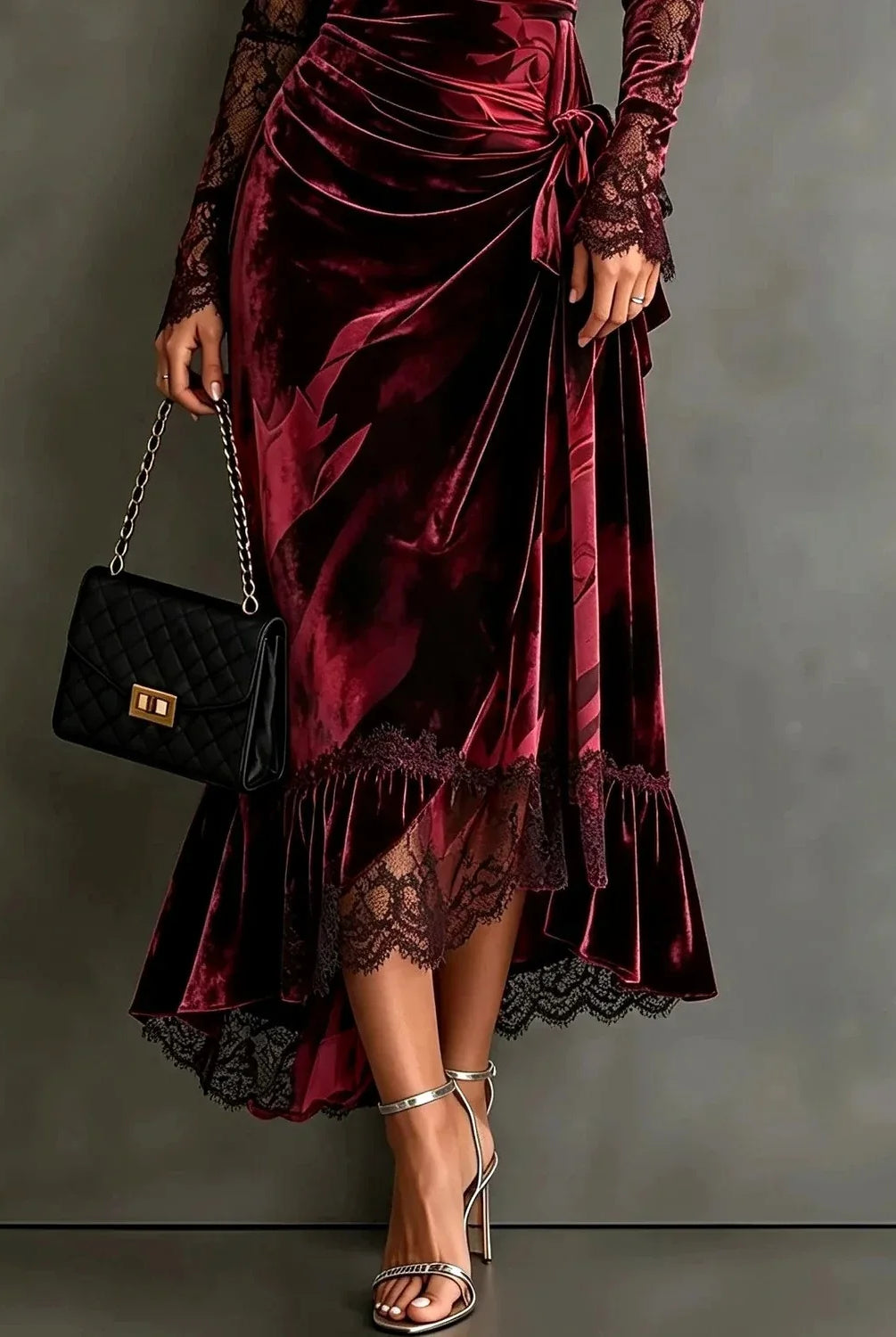 Women's Velvet Lace Maxi Dress with Long Sleeves 2