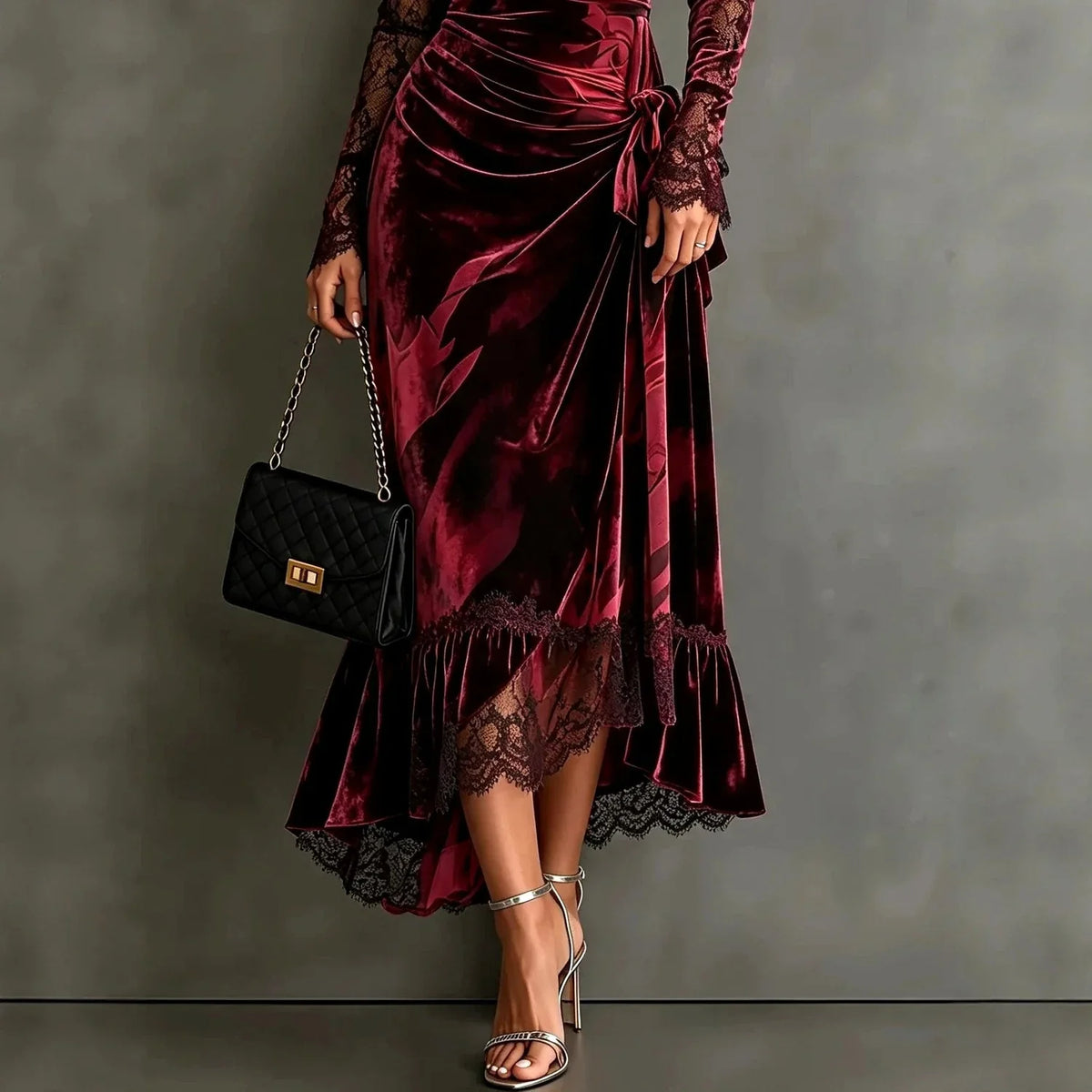 Women's Velvet Lace Maxi Dress with Long Sleeves 2