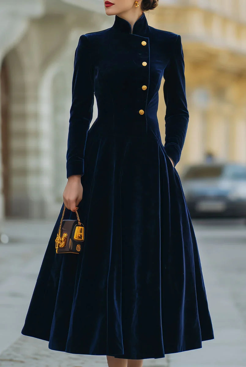 Women's Velvet Midi Dress with High Neck and Button Front, A-Line Silhouette 0