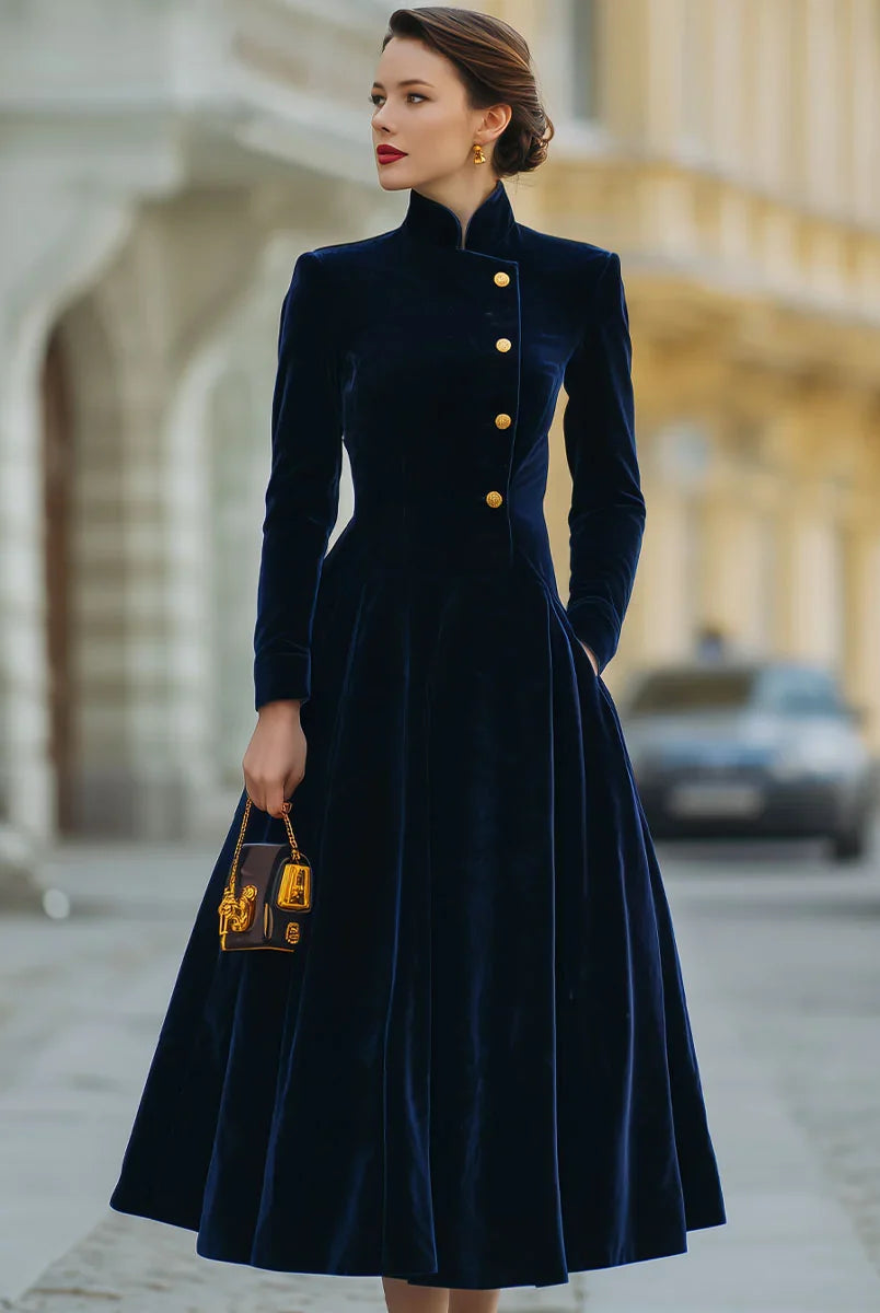 Women's Velvet Midi Dress with High Neck and Button Front, A-Line Silhouette 1