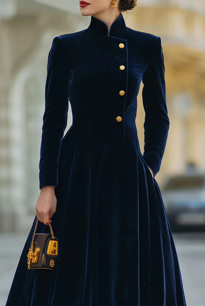 Women's Velvet Midi Dress with High Neck and Button Front, A-Line Silhouette 2