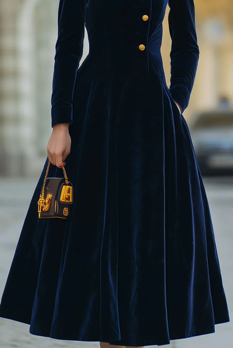 Women's Velvet Midi Dress with High Neck and Button Front, A-Line Silhouette 3
