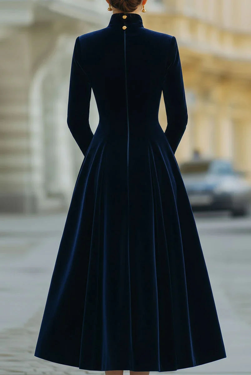 Women's Velvet Midi Dress with High Neck and Button Front, A-Line Silhouette 4