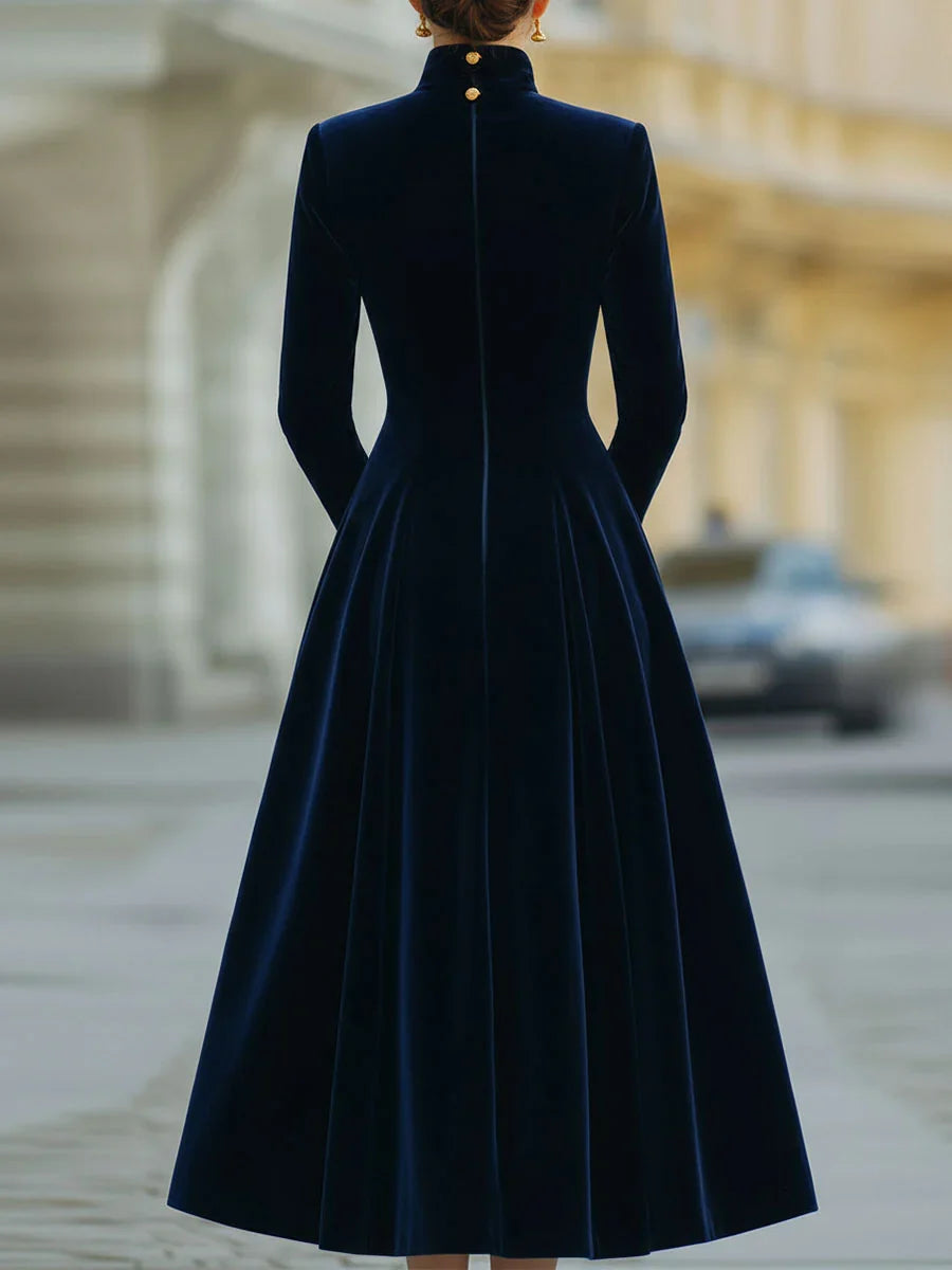 Women's Velvet Midi Dress with High Neck and Button Front, A-Line Silhouette 4