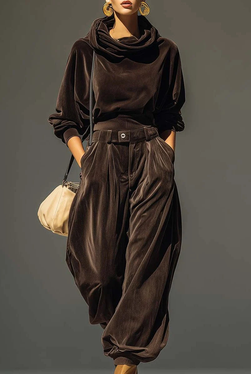 Women's Velvet Sweater Dress Set with Cowl Neck and Wide-Leg Pants 0