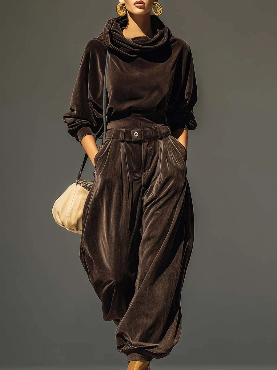 Women's Velvet Sweater Dress Set with Cowl Neck and Wide-Leg Pants 0