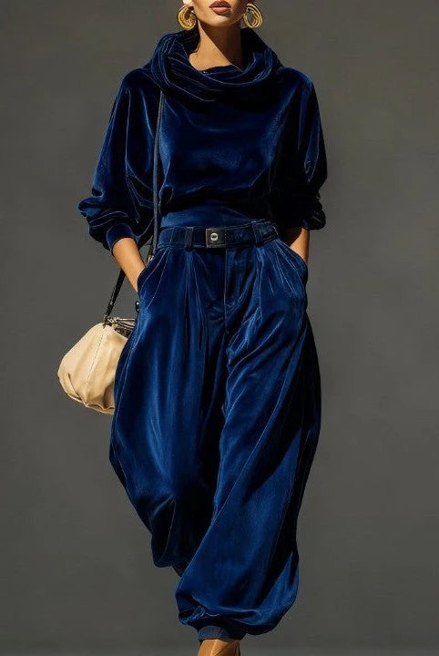 Women's Velvet Sweater Dress Set with Cowl Neck and Wide-Leg Pants 1