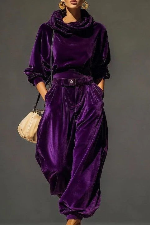 Women's Velvet Sweater Dress Set with Cowl Neck and Wide-Leg Pants 2