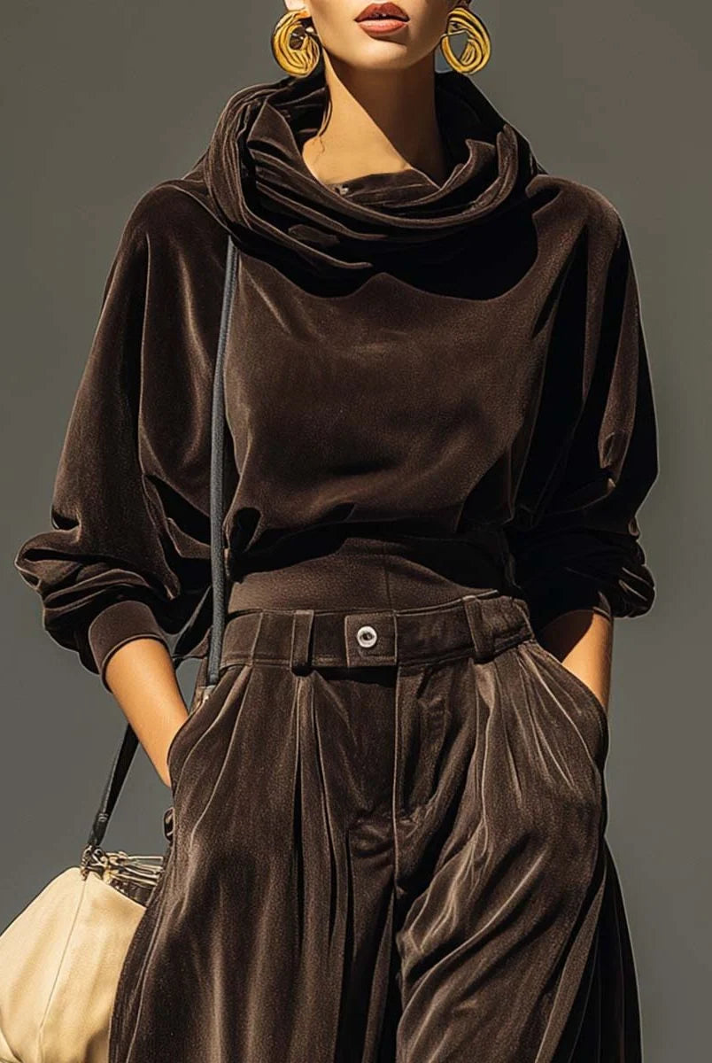 Women's Velvet Sweater Dress Set with Cowl Neck and Wide-Leg Pants 4